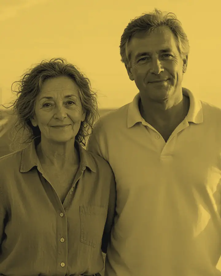 Ruth Calder and her husband on the jetty, printed in two tones.