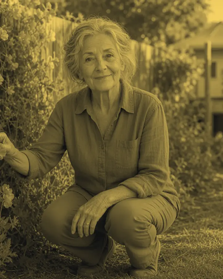 Ruth Calder kneeling by the sweet peas in her back garden, printed in two tones.
