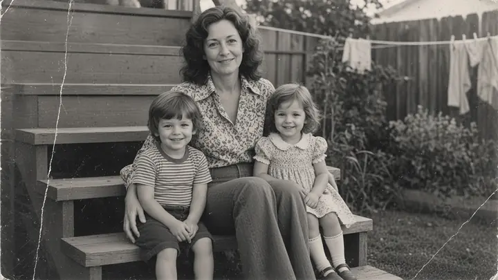 A scratched black and white print of a mother and two small children on back steps, with a crease down the left side.