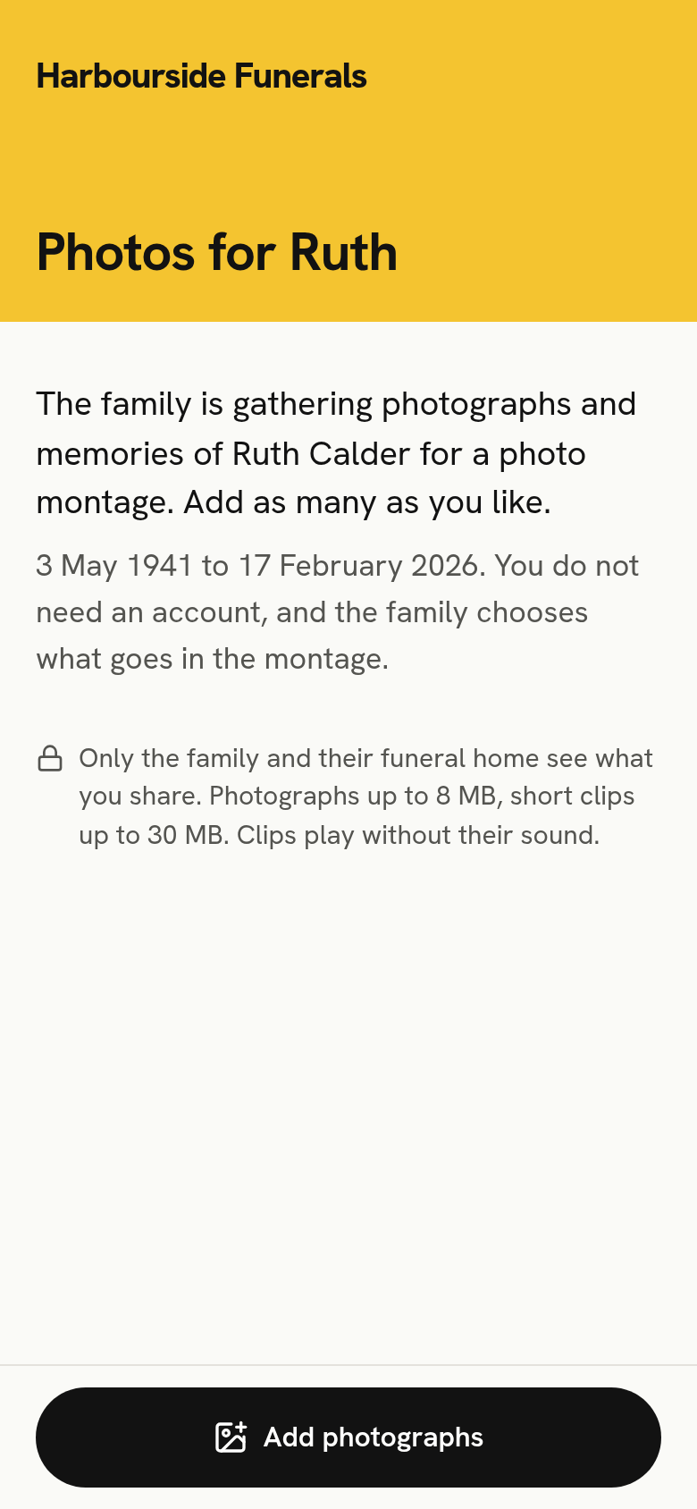 The guest page on a phone: a coloured band reading Photos for Ruth, a short welcome, and one large Add photographs button.